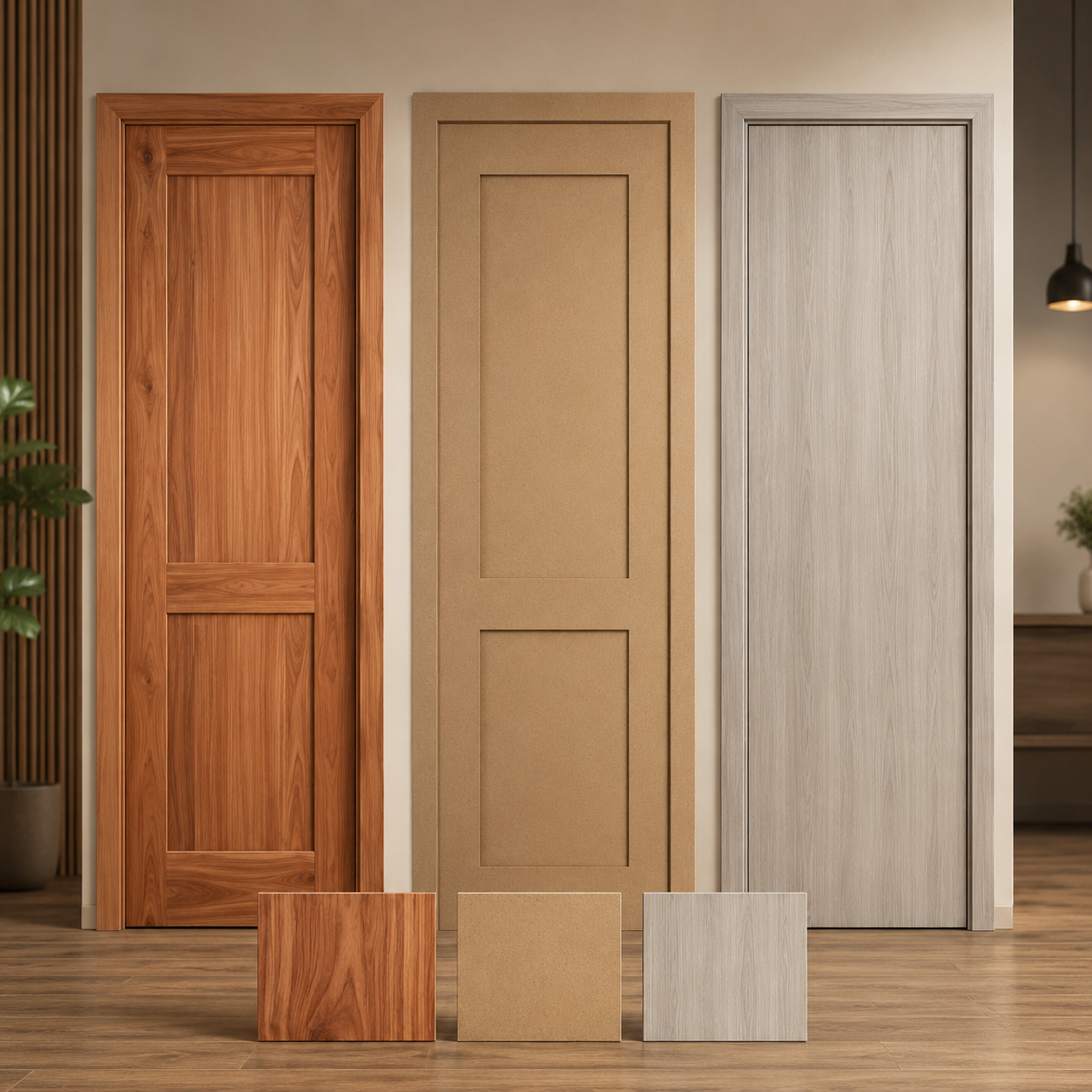 Comparación de muestras de puerta en cedro macizo, MDF y melamina para interiores