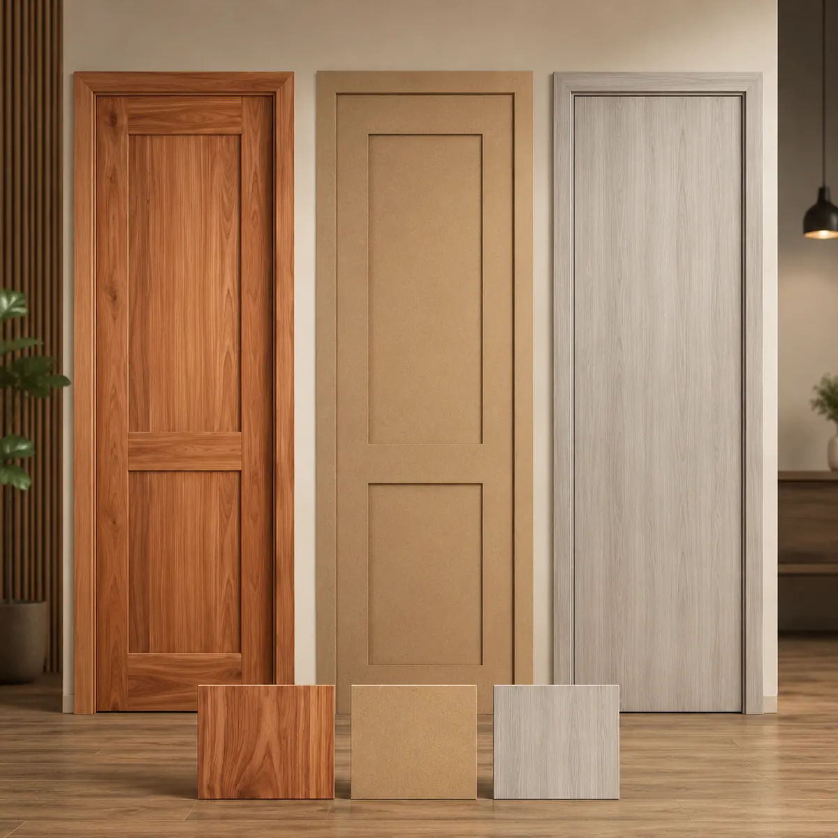 Comparación de muestras de puerta en cedro macizo, MDF y melamina para interiores