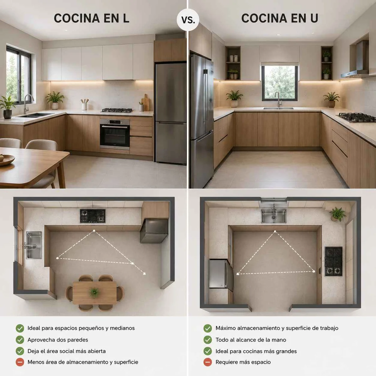 Comparación visual entre distribución de cocina en L y en U