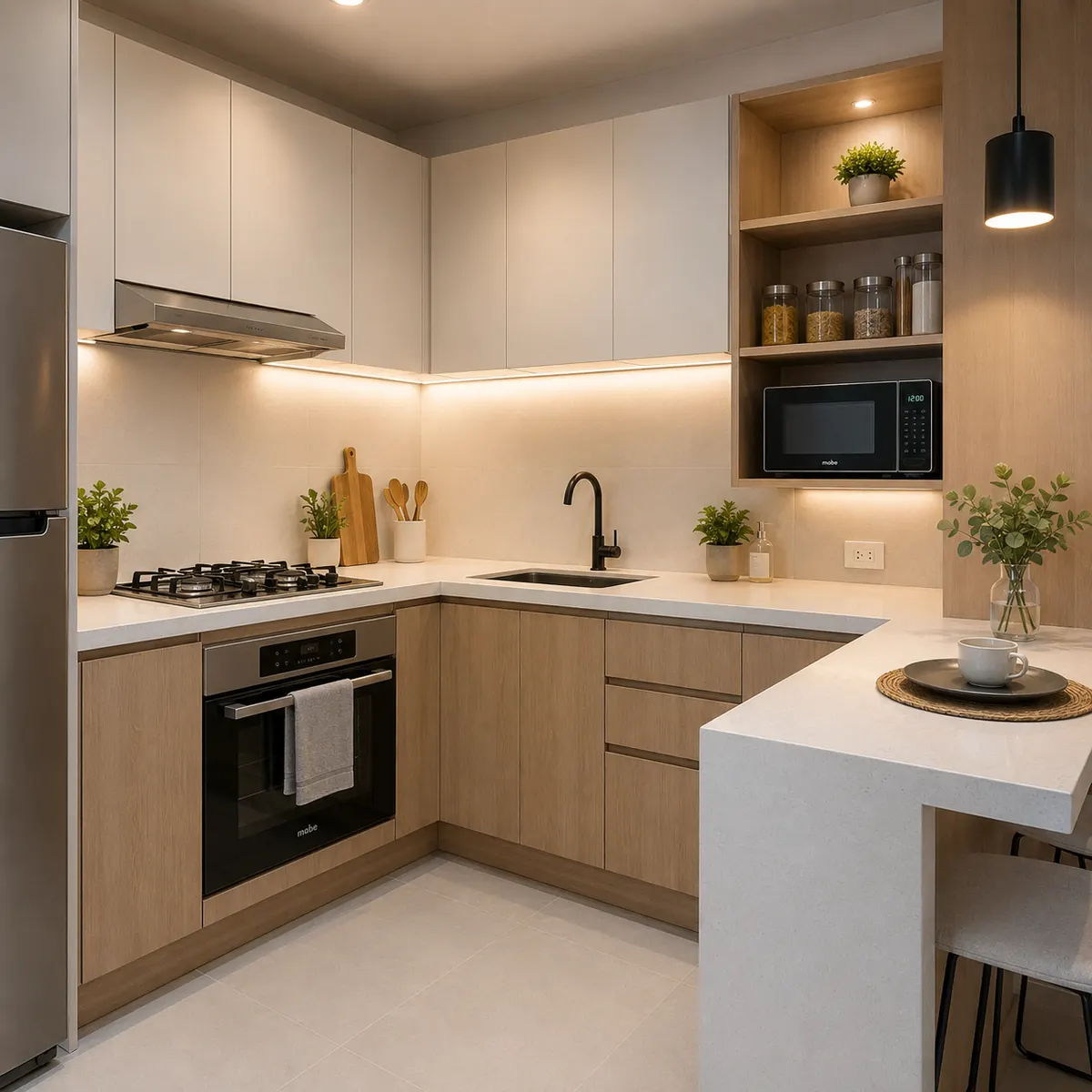 Cocina integral moderna en apartamento pequeño de Bucaramanga, distribución en L con alacenas hasta el techo