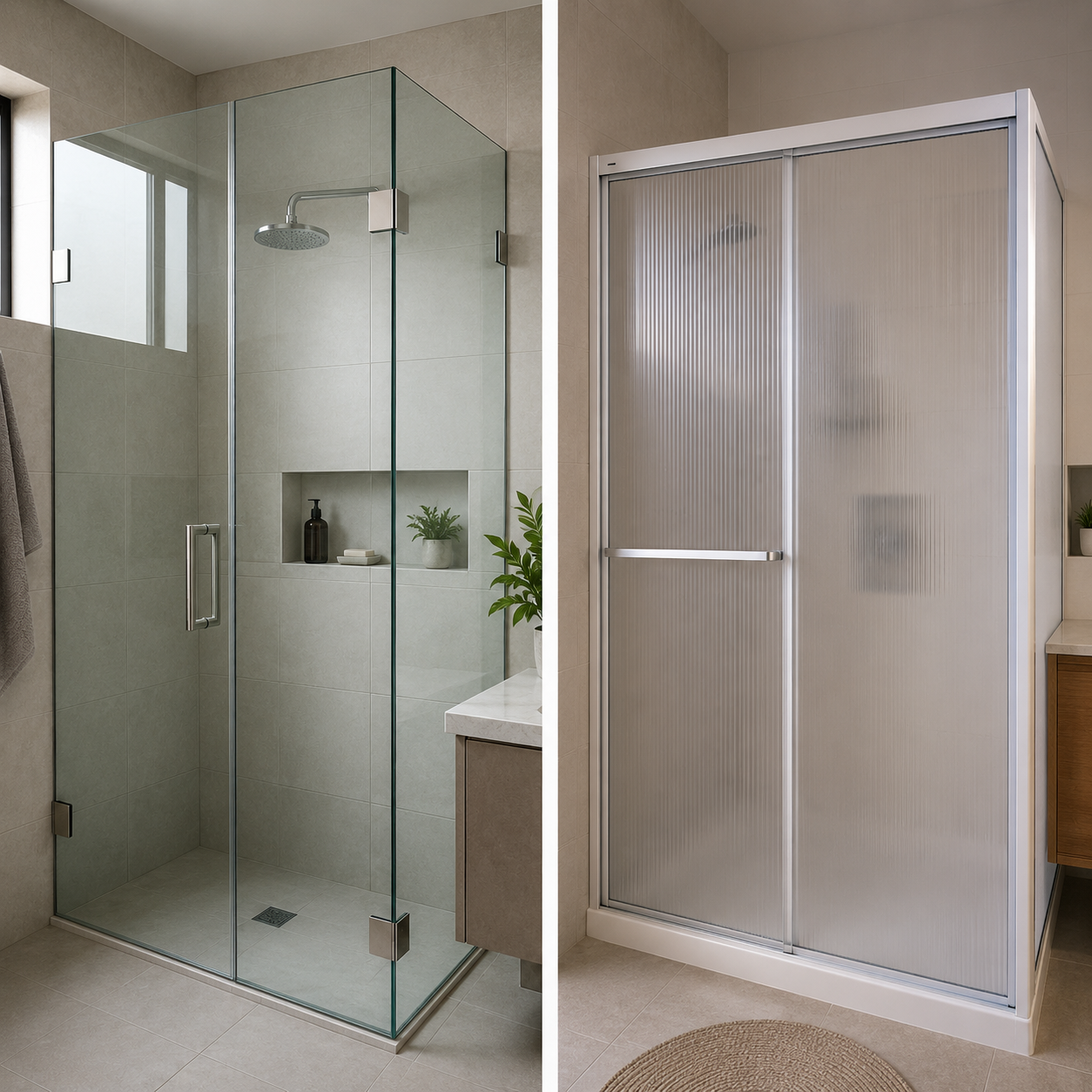 Comparación de división de baño en vidrio templado y en acrílico transparente