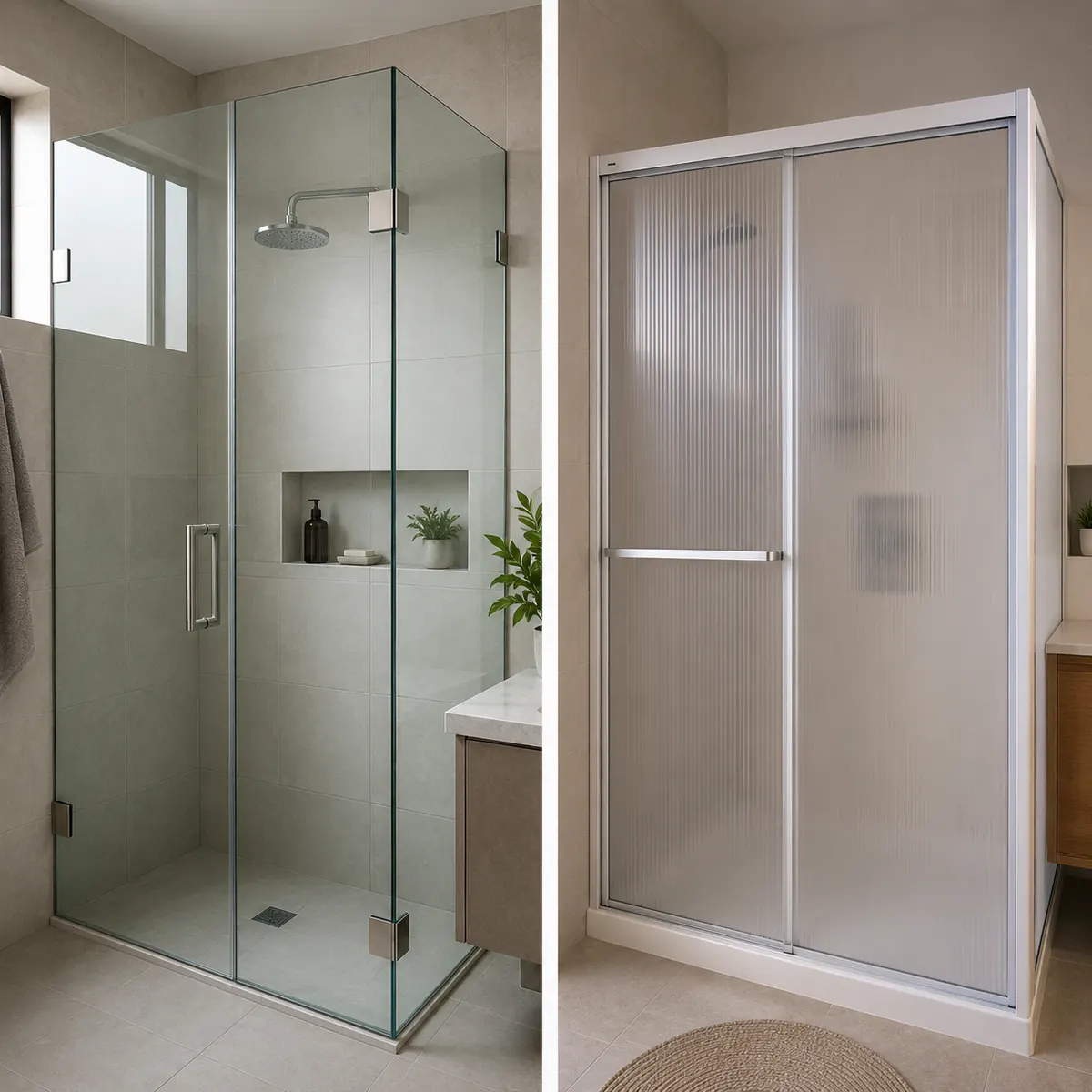Comparación de división de baño en vidrio templado y en acrílico transparente