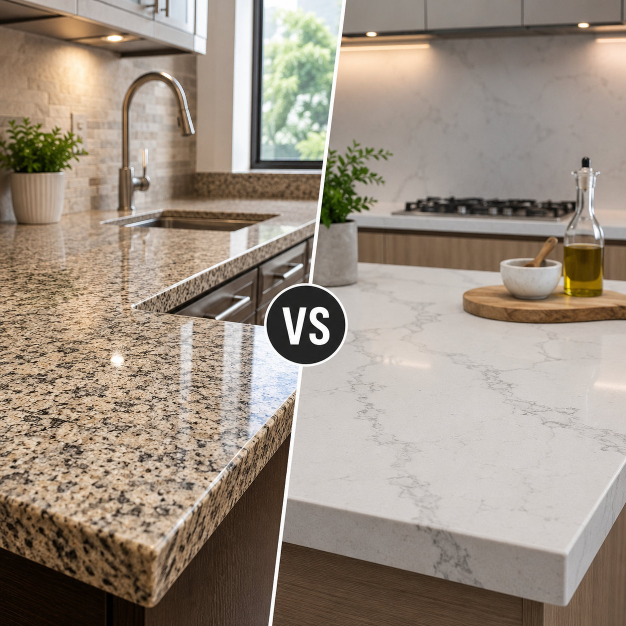 Comparación de mesón de cocina en granito natural y en cuarzo Silestone