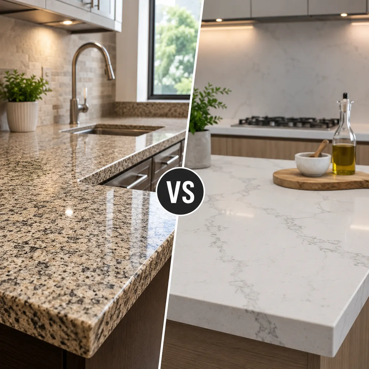 Comparación de mesón de cocina en granito natural y en cuarzo Silestone