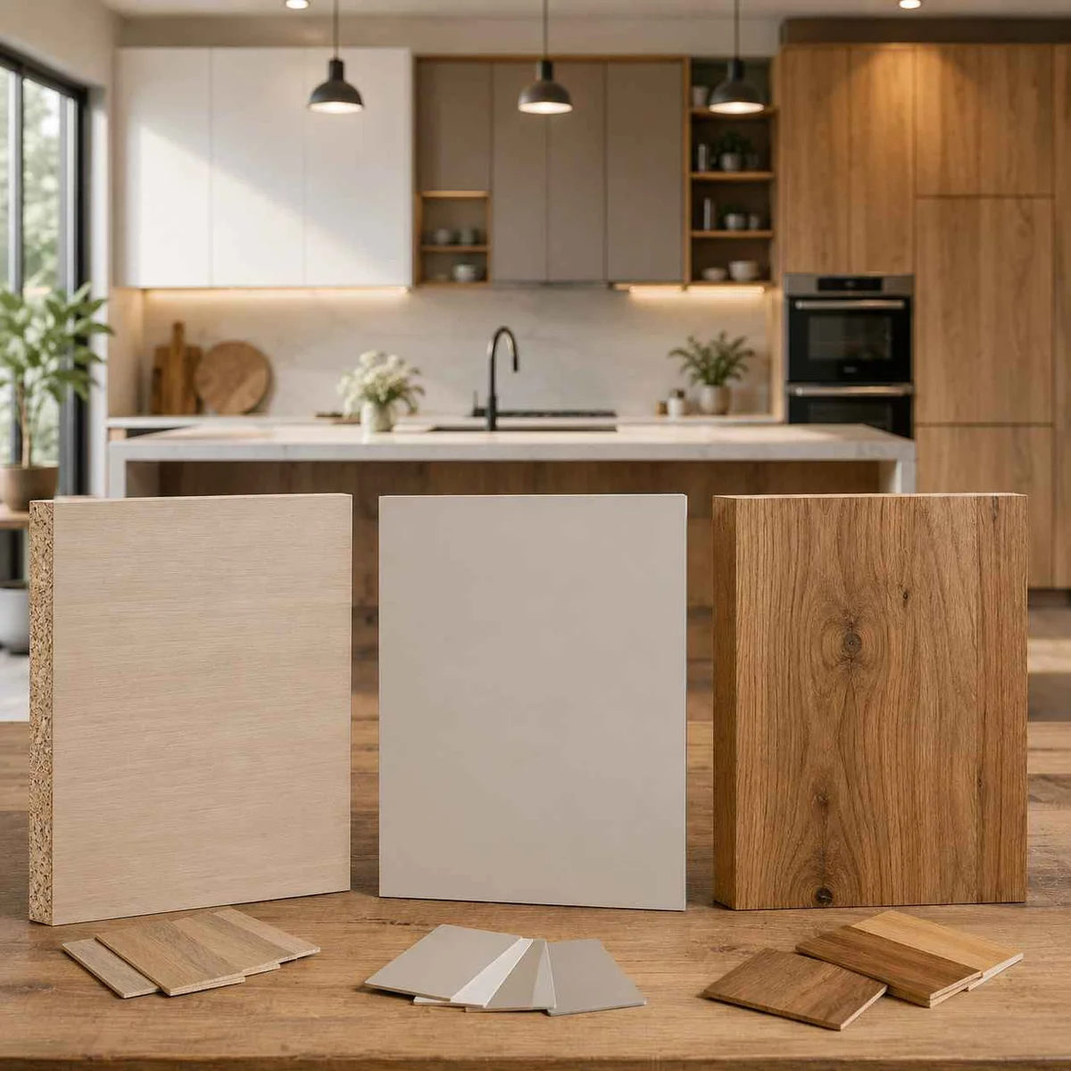 Comparación de muestras de melamina, MDF lacado y madera natural para cocina integral