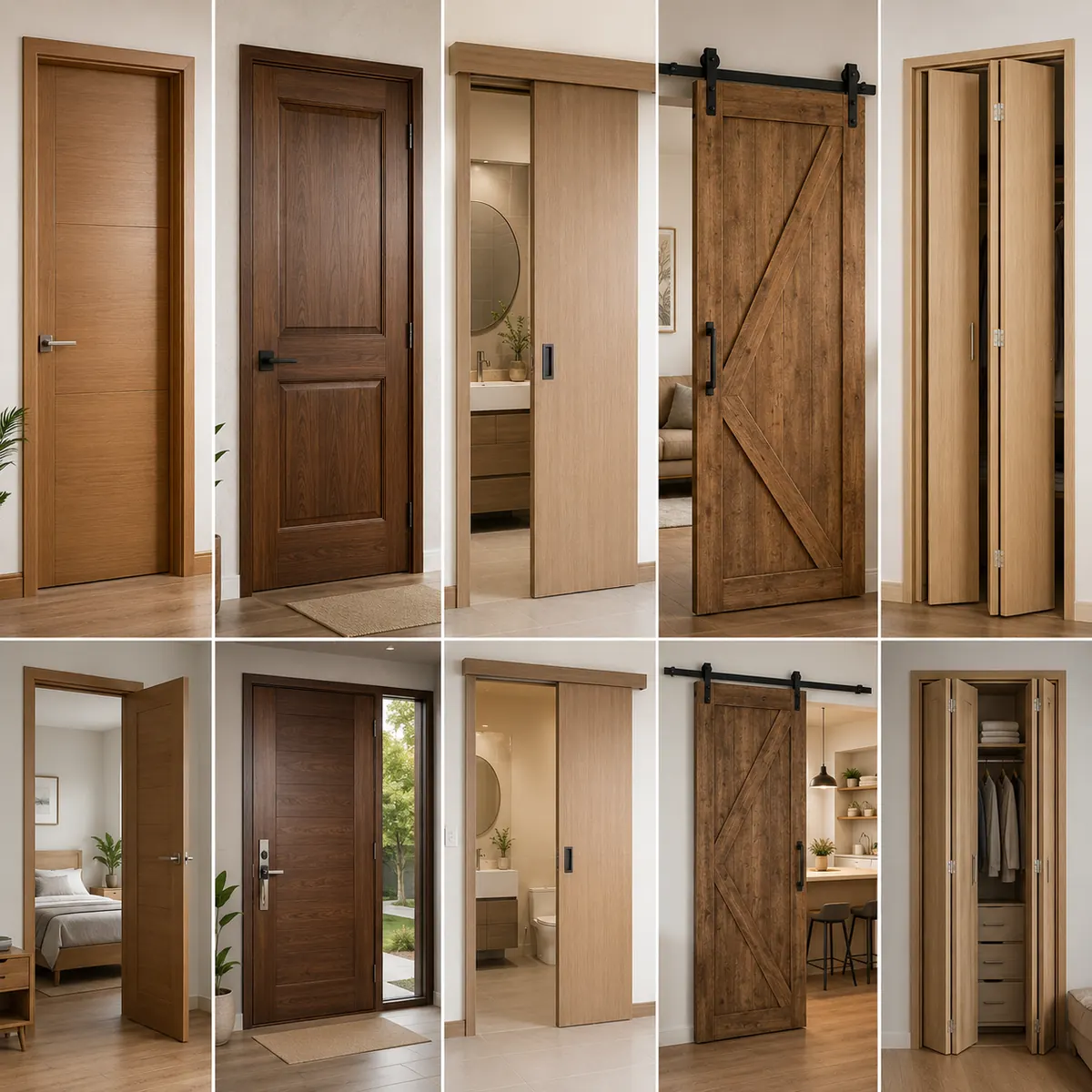 Diferentes tipos de puertas de madera interior: entamborada, corrediza y granero