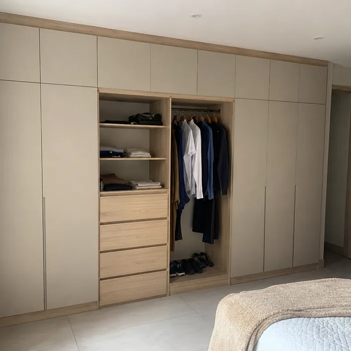 Closet moderno en tonos neutros con perchero y cajones de madera en Bucaramanga