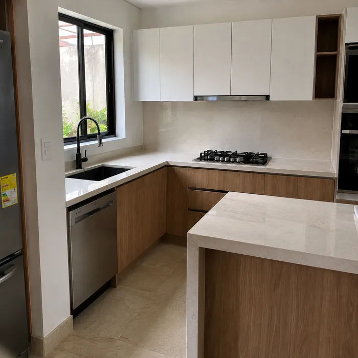 Cocina integral moderna en Bucaramanga con gabinetes blancos y madera, encimera blanca y electrodomésticos