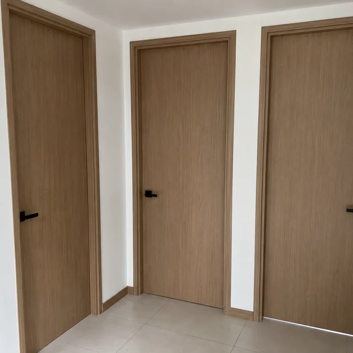 Tres puertas de madera clara con herrajes negros en corredor de Bucaramanga