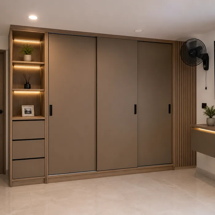 Closet moderno en tonos beige con puertas corredizas y estantes iluminados en Bucaramanga