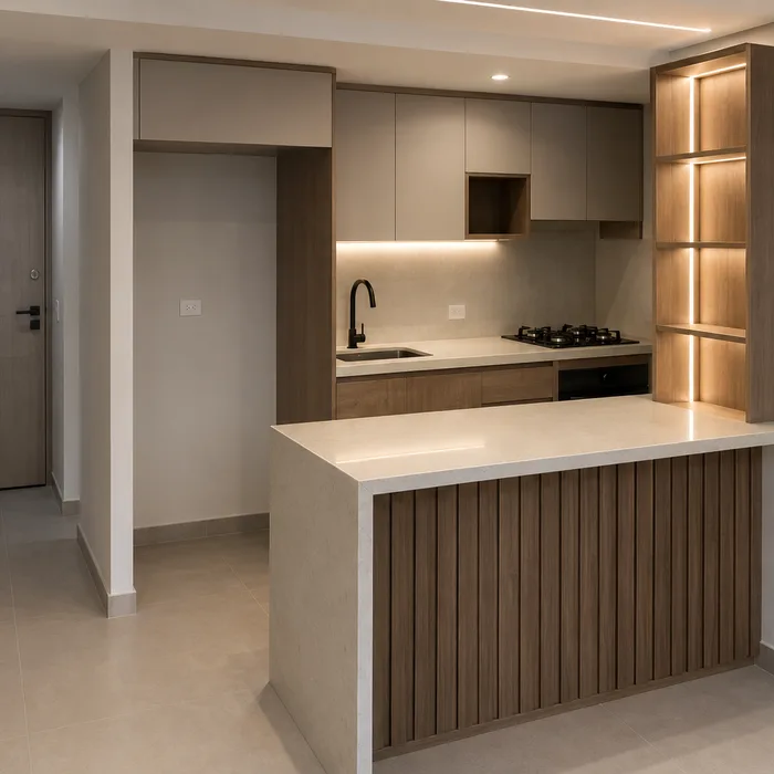 Cocina integral moderna en tonos beige y madera con isla central y detalles iluminados en Bucaramanga