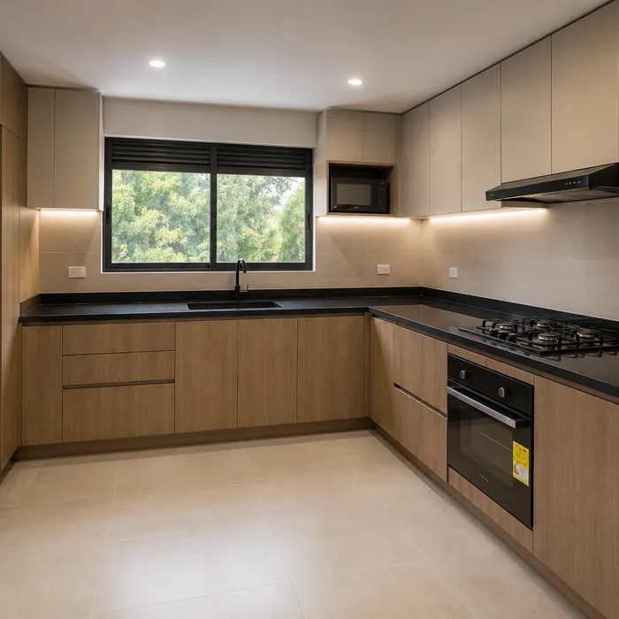 Cocina integral moderna en madera y negro con isla, ventana grande y electrodomésticos en Bucaramanga