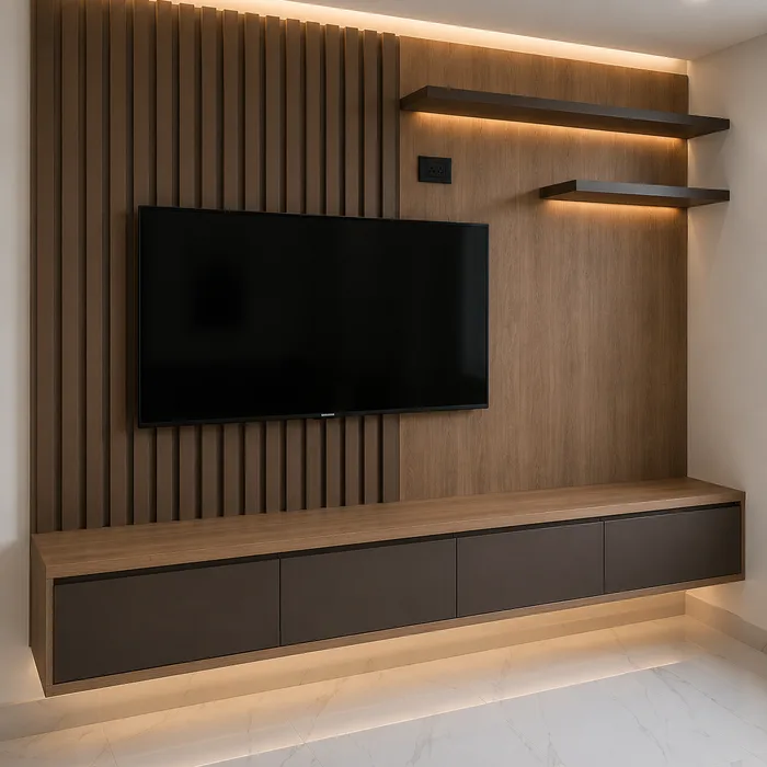 Mueble TV moderno con panel de listones de madera y estantes flotantes en Bucaramanga