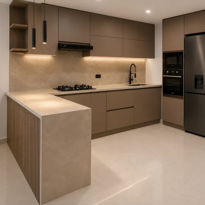 Cocina integral moderna en tonos beige y marrón con isla central en Bucaramanga
