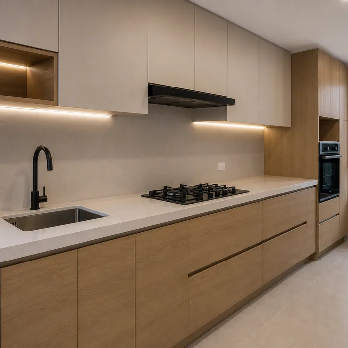 Cocina integral moderna en Bucaramanga con frentes de madera natural y cubierta blanca