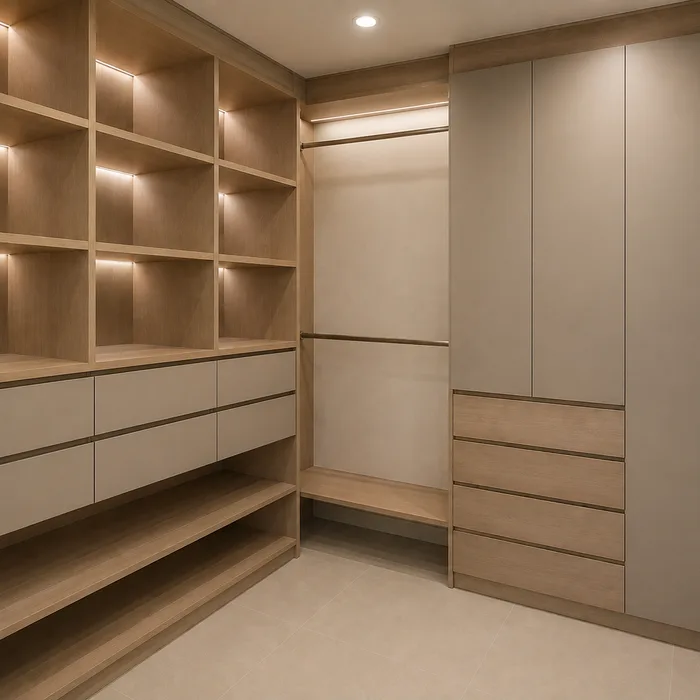 Closet moderno en tonos beige con iluminación led integrada en Bucaramanga