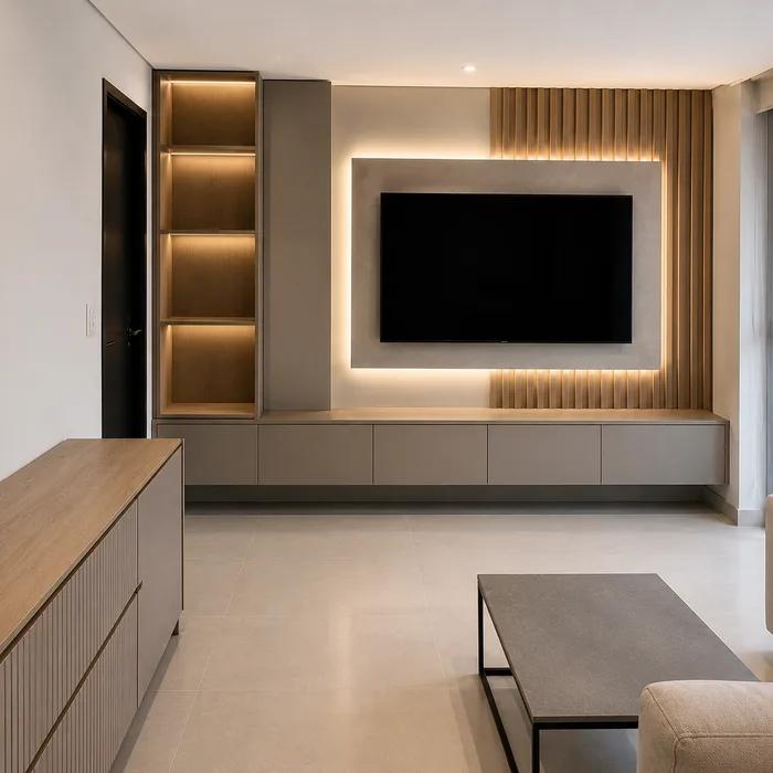 Sala moderna en Bucaramanga con muebles grises, iluminación LED cálida y televisor empotrado