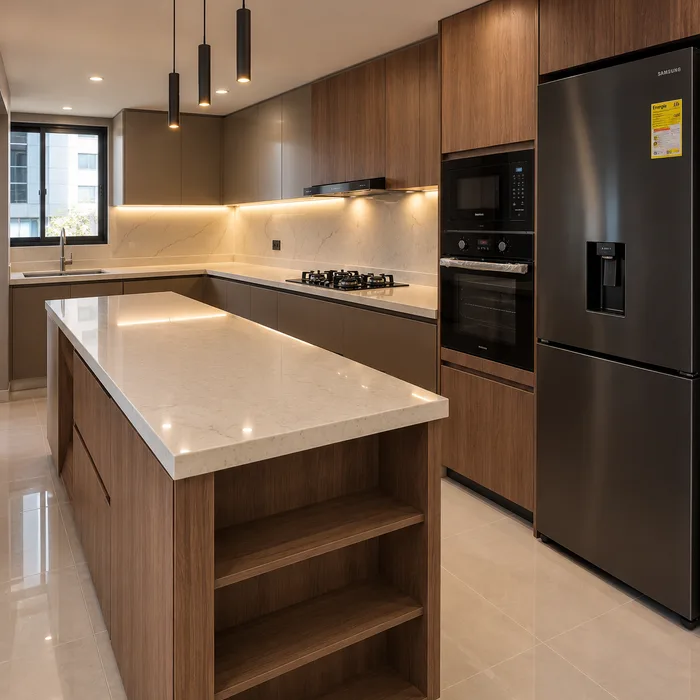 Cocina integral moderna en Bucaramanga con muebles en madera, isla central y encimera blanca