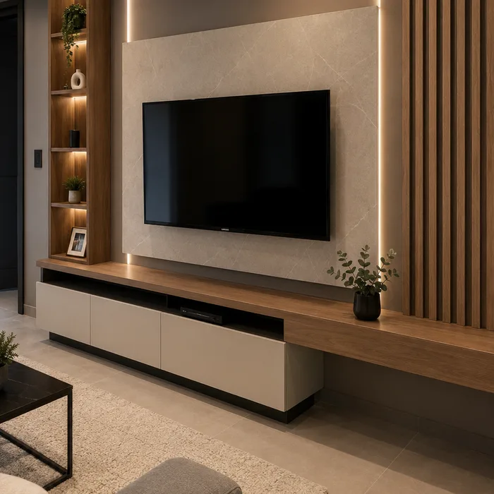 Mueble TV moderno con panel de mármol, muebles blancos y madera en Bucaramanga