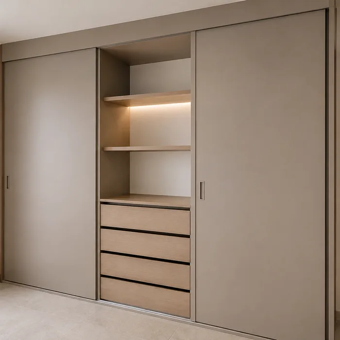Closet con puertas corredizas beige, estantes internos y cajones de madera en Bucaramanga