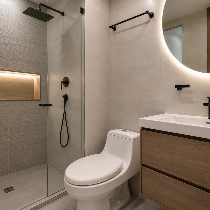 Baño moderno en Bucaramanga con ducha, vanidorio de madera y espejo con iluminación led
