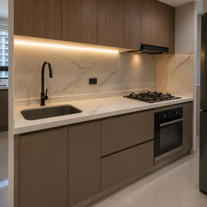 Cocina integral moderna en Bucaramanga con muebles color café, encimera mármol y electrodomésticos negros