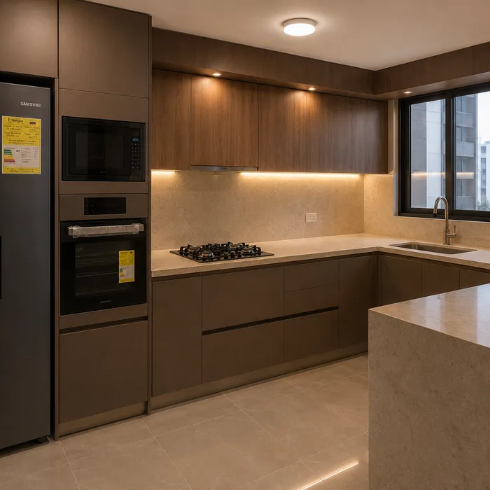 Cocina integral moderna en tonos marrones con encimera clara y electrodomésticos negros en Bucaramanga