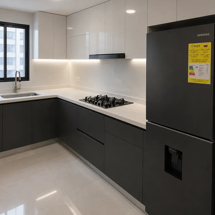 Cocina integral moderna en Bucaramanga con gabinetes negros, encimera blanca y electrodomésticos negros