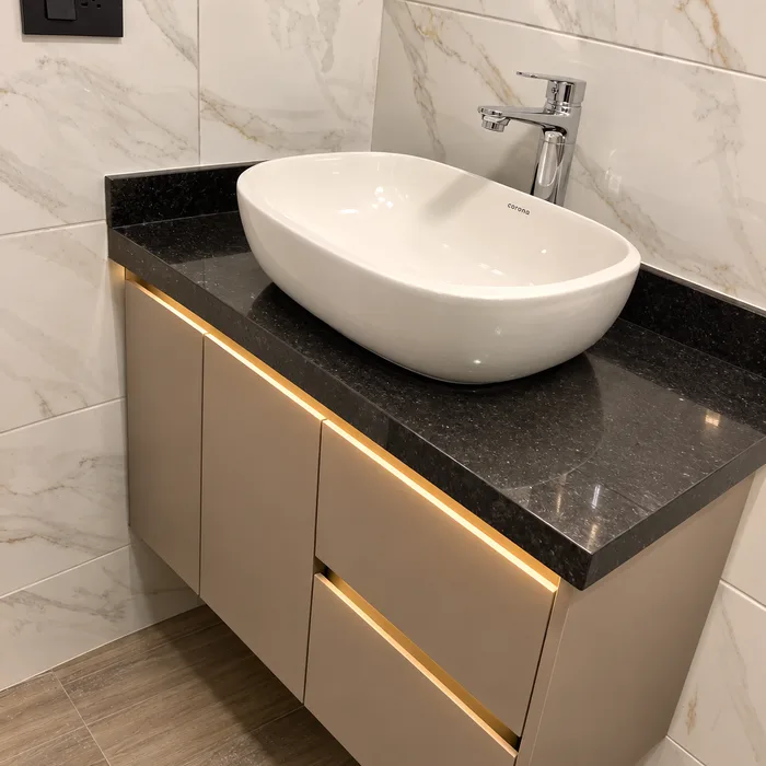 Vanitory moderno en Bucaramanga con mesón negro, mueble beige y lavamanos ovalado blanco