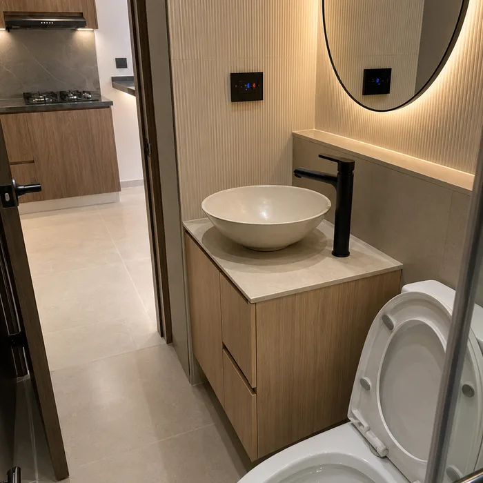 Baño moderno en Bucaramanga con lavamanos redondo blanco y mueble en madera