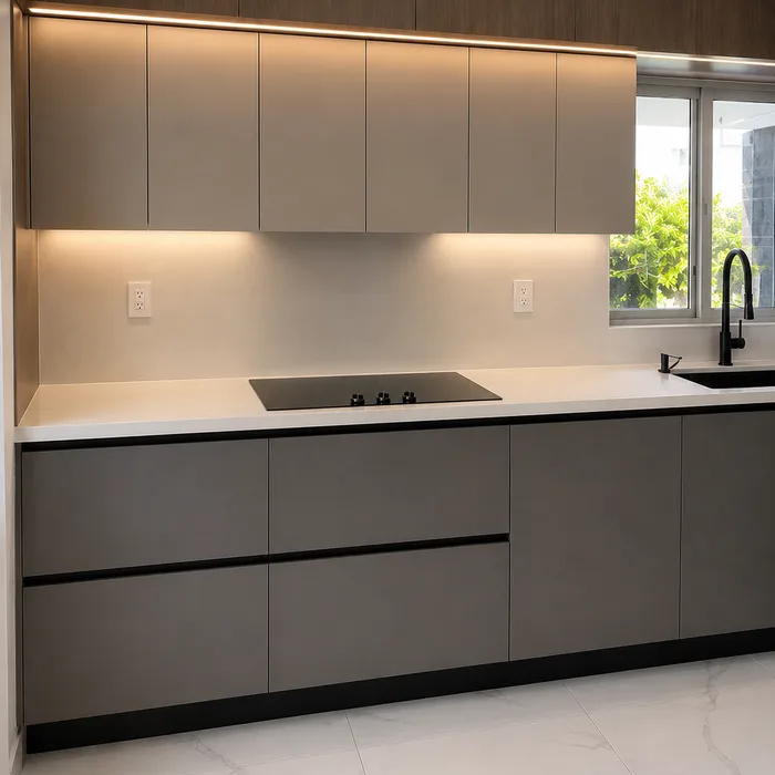 Cocina integral gris con cubierta blanca y backsplash beige en Bucaramanga