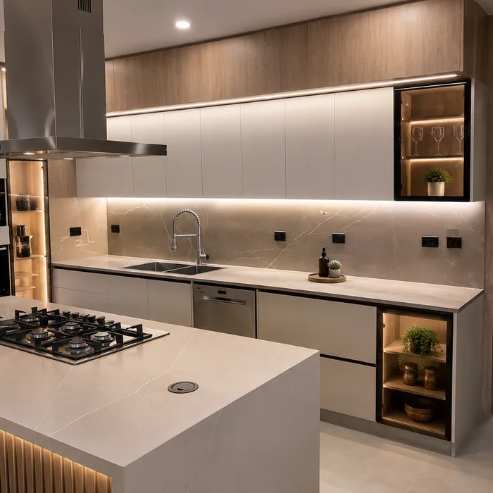 Cocina integral moderna blanca con isla, estufa y acabados en madera, Bucaramanga