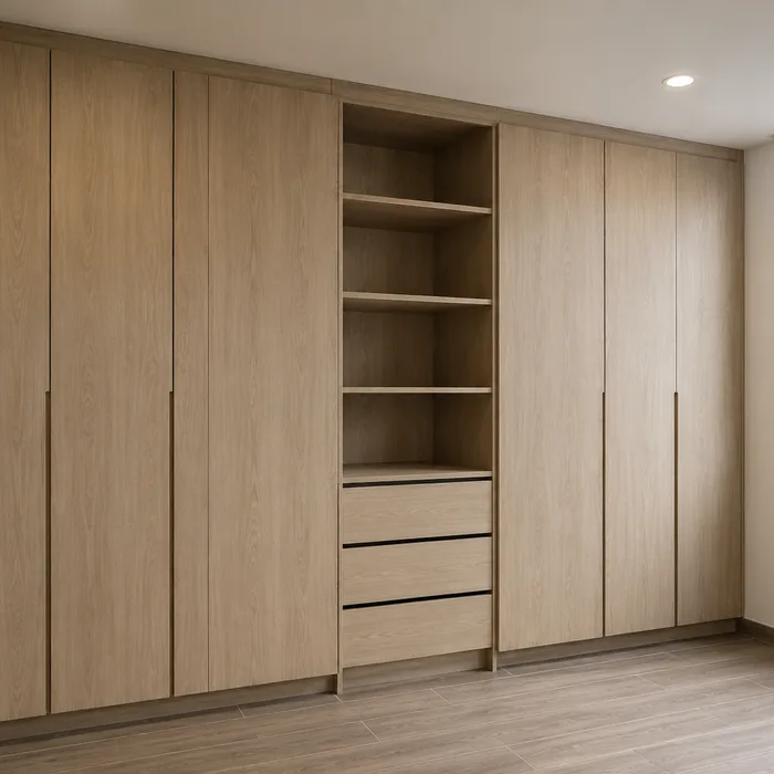 Closet empotrado en madera clara con estantes y cajones, proyecto realizado en Bucaramanga