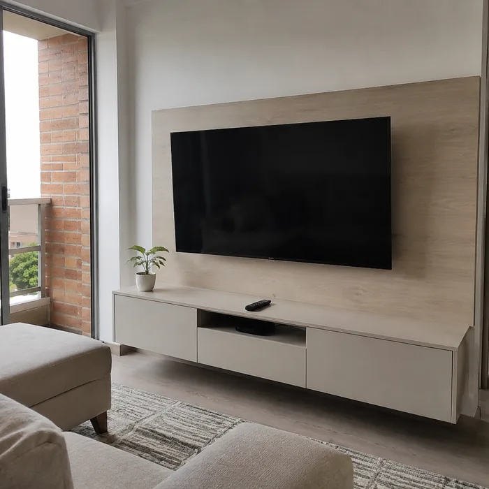 Mueble TV beige con panel de madera y herrajes en Bucaramanga