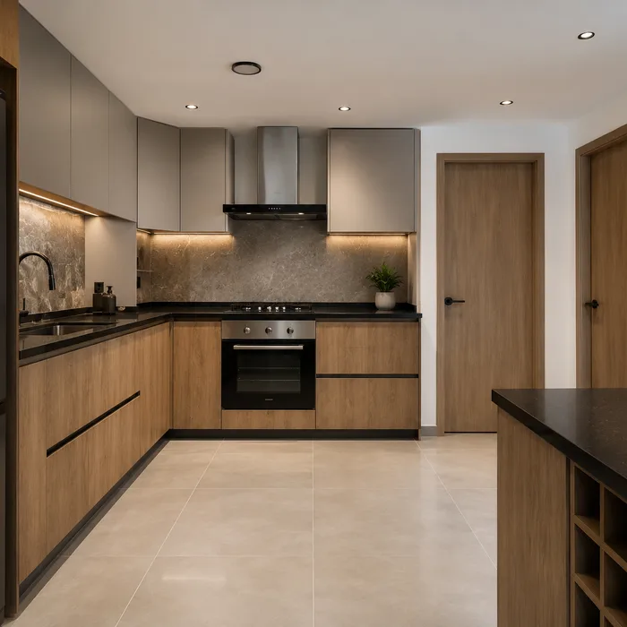 Cocina integral moderna en madera y gris con encimera negra en Bucaramanga