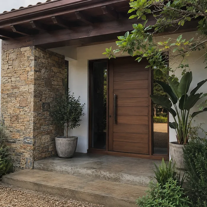 Entrada moderna con puerta de madera y columna de piedra en Bucaramanga