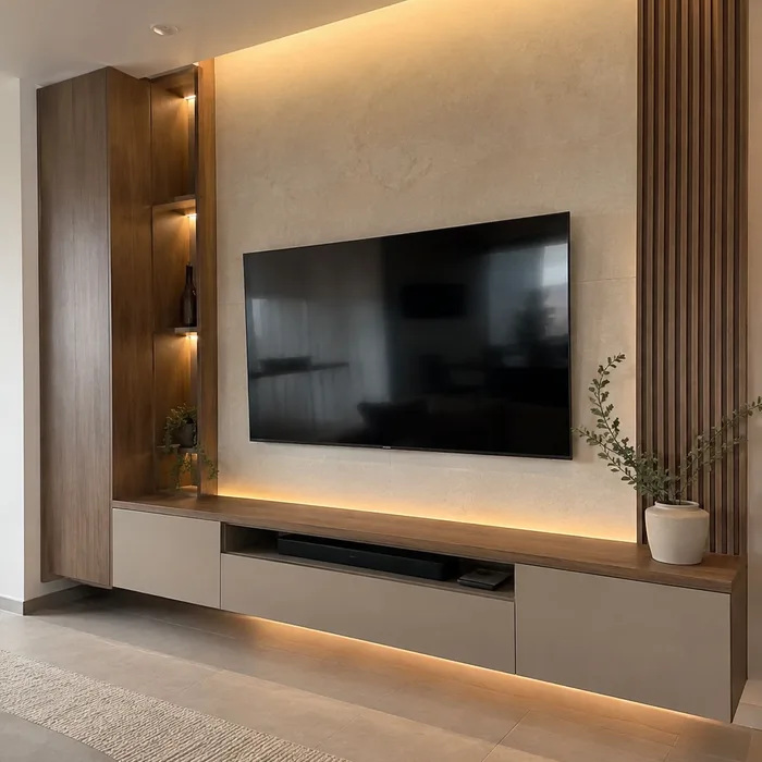 Mueble TV moderno en madera y blanco con iluminación LED en Bucaramanga