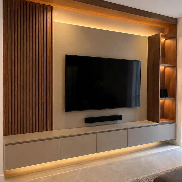 Mueble TV en madera y blanco con iluminación LED, diseñado en Bucaramanga