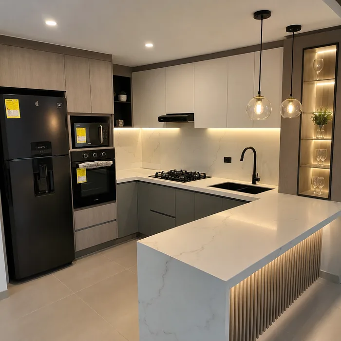 Cocina integral moderna en Bucaramanga con gabinetes blancos, encimera de mármol y electrodomésticos negros