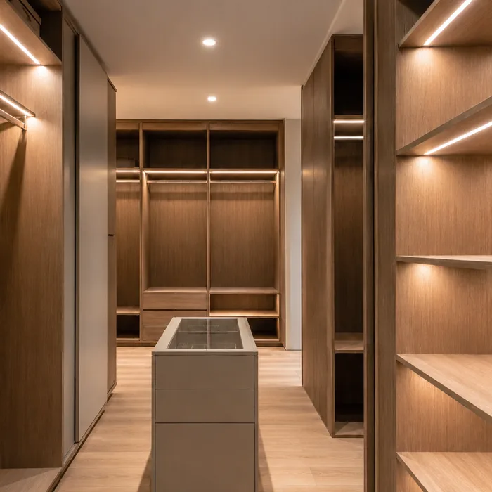 Closet moderno en madera con iluminación LED integrada en Bucaramanga
