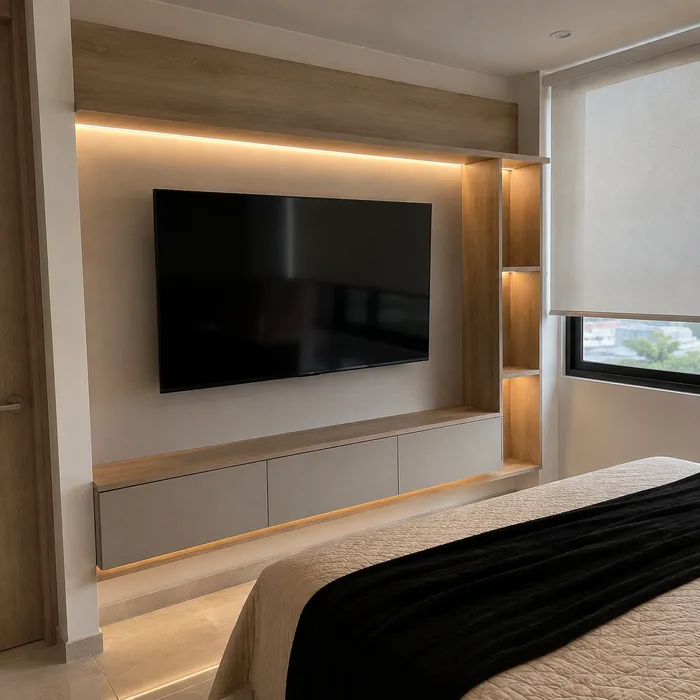 Mueble TV empotrado en madera y blanco con iluminación LED en dormitorio de Bucaramanga