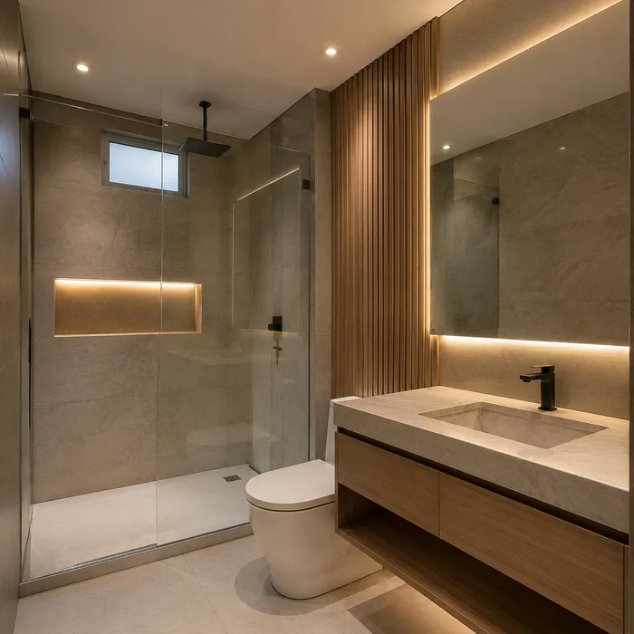 Baño moderno en Bucaramanga con vanidad de madera, espejo iluminado y ducha con cristal
