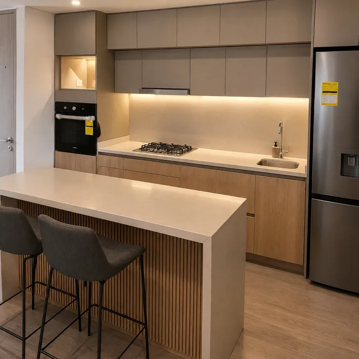 Cocina integral moderna en Bucaramanga con muebles en tonos naturales y encimera blanca