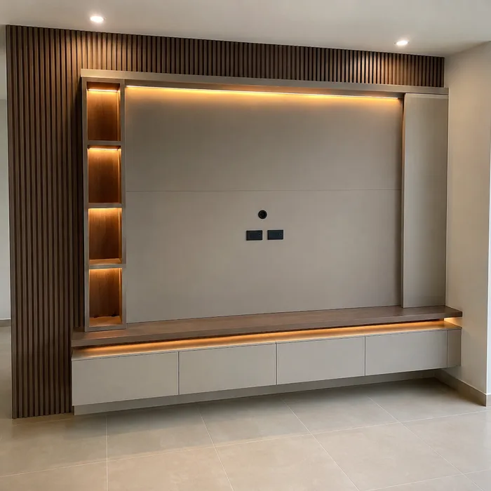 Mueble TV en madera y gris con iluminación LED cálida en Bucaramanga