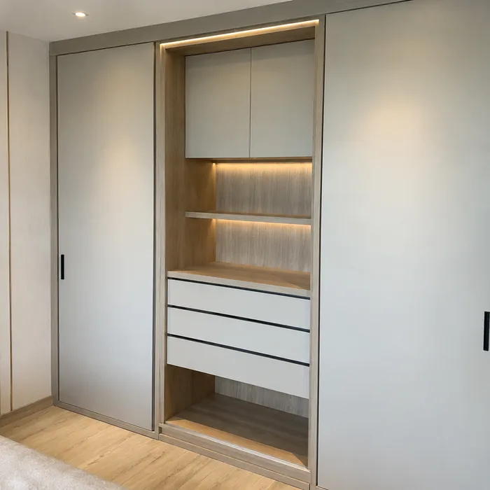 Closet moderno en madera y blanco con iluminación LED en Bucaramanga