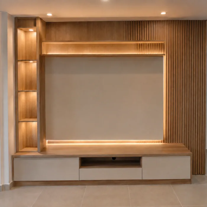 Mueble TV en madera y blanco con iluminación LED en Bucaramanga