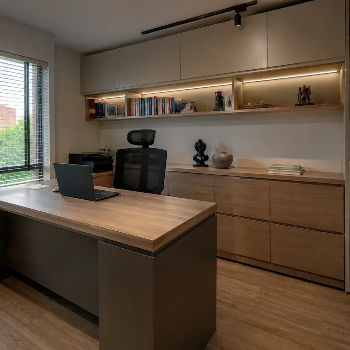 Oficina moderna en Bucaramanga con escritorio de madera, muebles beige y almacenamiento iluminado