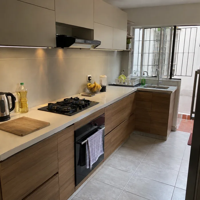 Cocina integral con muebles en madera natural, mesón blanco y equipos modernos en Bucaramanga