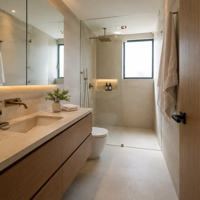 Baño moderno en Bucaramanga con vanidad de madera, espejo iluminado y ducha con vidrio templado