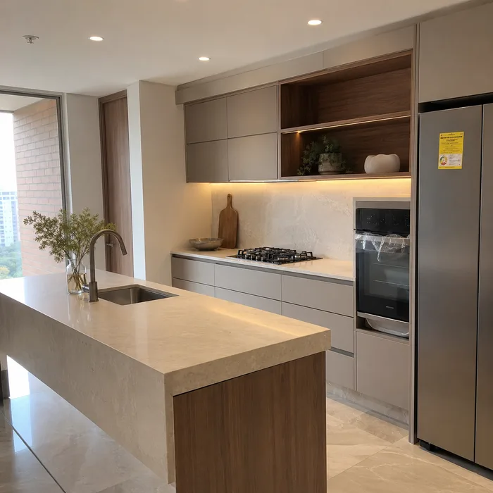 Cocina integral moderna en Bucaramanga con isla de madera y encimera clara